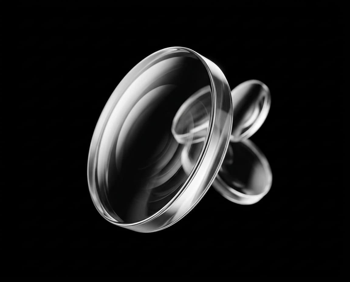 Trois lentilles optiques en verre transparent flottant sur fond noir.