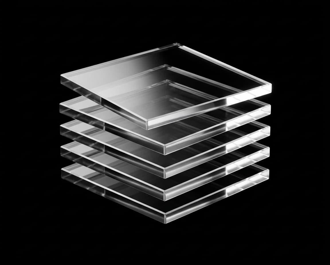Cinq plaques de verre carrées empilées formant une structure en couches.