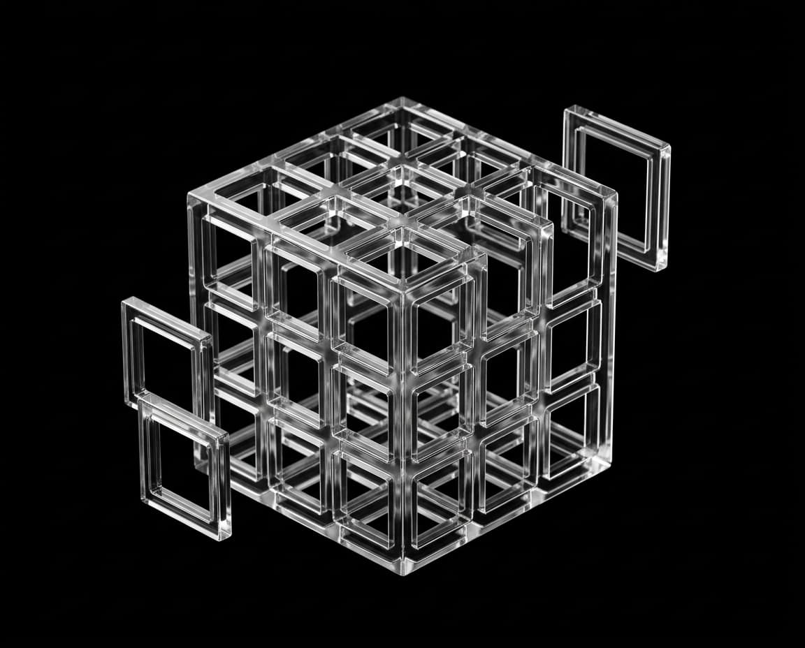Cube en treillis de verre dont plusieurs éléments se détachent et se replacent.